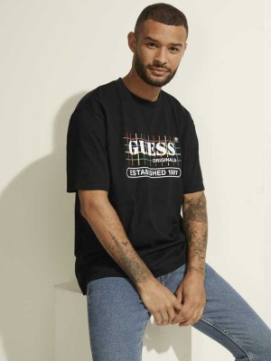 Black Guess Originals Rainbow Grid Men's T-Shirts | 1706-PAMCH