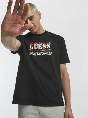 Black Guess Originals x PLEASURES Logo Men's T-Shirts | 5648-XDABC