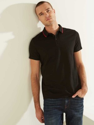 Black Guess Pique Logo-Taping Men's Polo Shirts | 4176-GKPHA