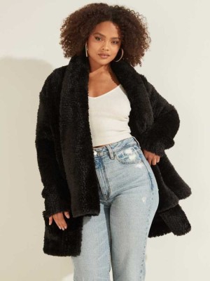 Black Guess Rebecca Faux-Fur Women's Jackets | 4678-EKDML