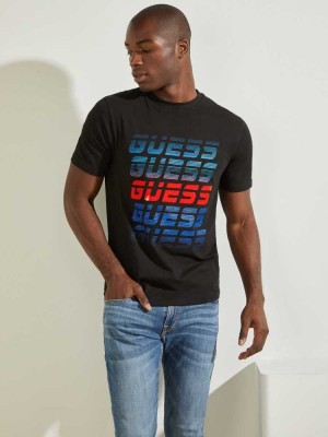 Black Guess Repeat Logo Men's T-Shirts | 8504-EYWJQ