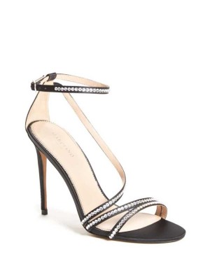 Black Guess Satin Rhinestone Stiletto Women's Heels Sandals | 3489-YDLUW
