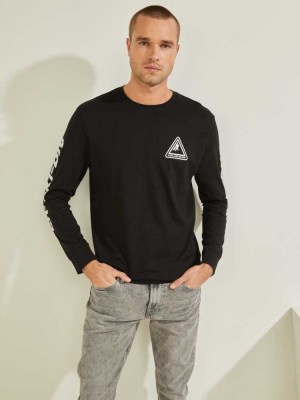 Black Guess Ski Logo Men's T-Shirts | 9604-VRZTY