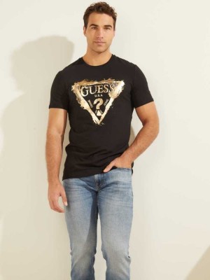Black Guess Splash Men's T-Shirts | 8456-ISKYM