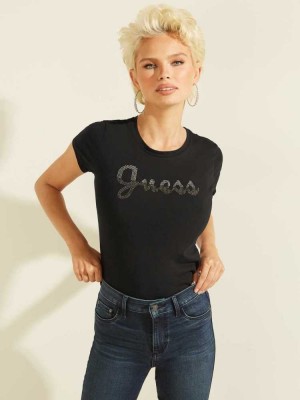 Black Guess Split Script Logo Women's T-Shirts | 9036-GHMDI