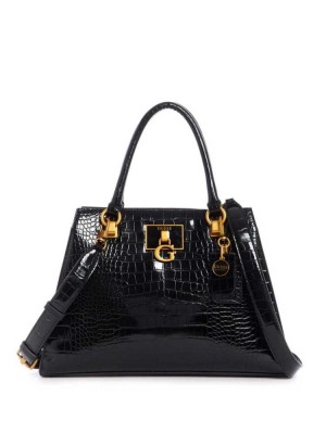 Black Guess Stephi Croc Girlfriend Women's Satchels | 5246-PVLOQ