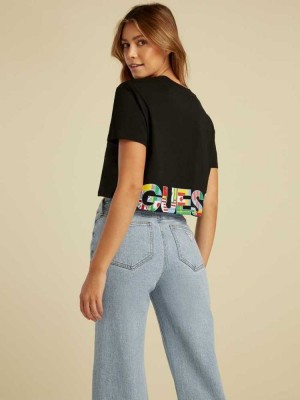 Black Guess Summer Games Crop Women's T-Shirts | 4358-PBTLZ