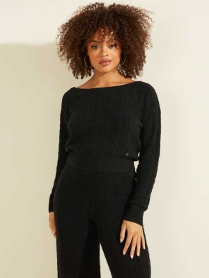 Black Guess Tanya Cable Knit Women's Sweaters | 3742-NAQTW