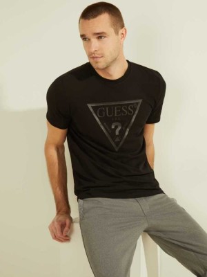 Black Guess Tonal Logo Men's T-Shirts | 2870-HTGLS