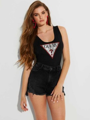 Black Guess Triangle Logo Women's Bodysuit | 0289-OSCWZ
