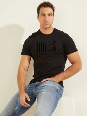 Black Guess Velvet Applique Men's T-Shirts | 0654-DUESP