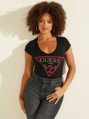 Black Multicolor Guess Bling Logo Women's T-Shirts | 3098-QLRJU