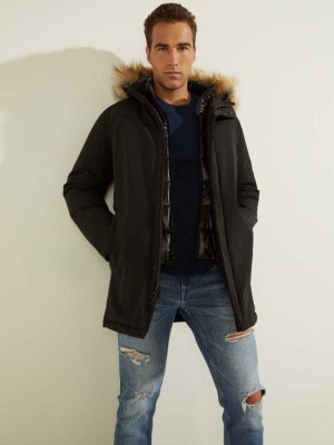 Black Multicolor Guess Brian Faux-Fur Hooded Men's Coats | 0852-HTXSN