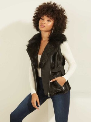 Black Multicolor Guess Faux-Fur Moto Women's Vest | 4109-PUZRG
