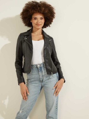 Black Multicolor Guess Leather Moto Women's Jackets | 8621-PIZTR