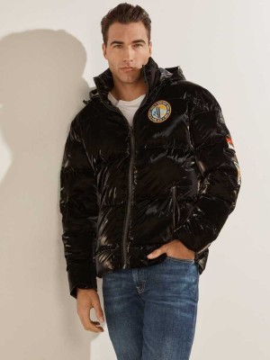 Black Multicolor Guess Metallic Nylon Puffer Men's Jackets | 3854-UDYST