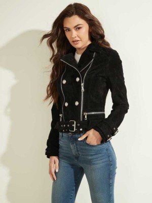 Black Multicolor Guess Olivia Suede Moto Women's Jackets | 5618-IUQOJ