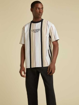 Black Multicolor Guess Originals Striped Men's T-Shirts | 3625-NVCYJ