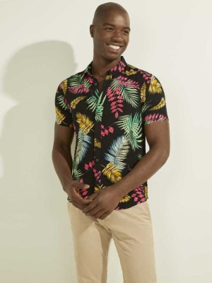 Black Multicolor Guess Panama Palm Men's Shirts | 9274-OSLJP