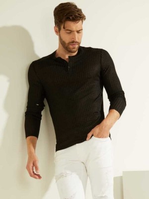 Black Multicolor Guess Warehouse Long-Sleeve Henley Men's T-Shirts | 4176-ZHRTL