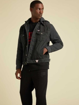 Black Wash Guess Originals Hooded Denim Men's Jackets | 5679-QFBZS