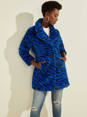 Blue Black Guess Federica Faux-Fur Women's Coats | 0354-FUHOM