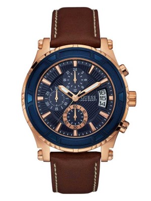 Blue Brown Guess Brown and Rose Gold-Tone Leather Sport Men's Watches | 9054-PYDGJ