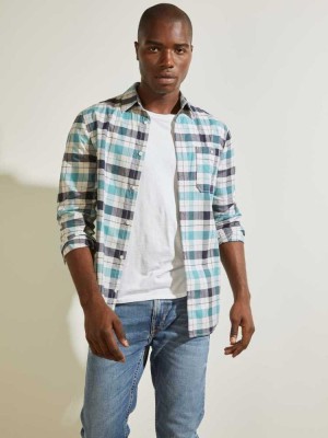 Blue Green Guess Collins Long-Sleeve Men's Shirts | 6210-SDVAC