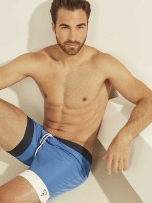 Blue Guess Contrast Stripe Swim Trunks Men's Swimwear | 6924-LAIHF