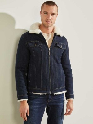 Blue Guess Denim Sherpa Reversible Trucker Men's Jackets | 2831-VIRHD