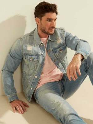 Blue Guess Dillon Light-Wash Denim Men's Jackets | 9257-GBUAV
