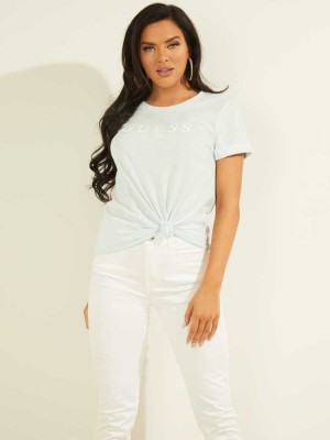 Blue Guess Eco 1981 Rolled Cuff Logo Women's T-Shirts | 9251-UPXKT