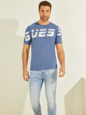 Blue Guess Eco Arden Logo Men's T-Shirts | 5076-KXNWA