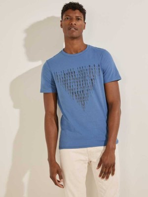 Blue Guess Eco Keanu Logo Men's T-Shirts | 8164-DPYQZ