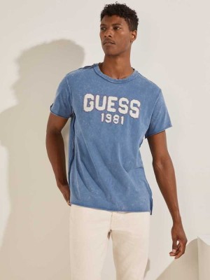 Blue Guess Eco Raw Patchwork Logo Men's T-Shirts | 0594-XGHIT
