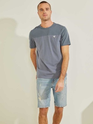 Blue Guess Larrie Color-Block Men's T-Shirts | 7801-GSYAP