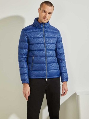 Blue Guess Logo Down Puffer Men's Jackets | 9873-KHCRL