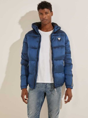 Blue Guess Logo Nylon Puffer Men's Jackets | 2596-VYJHZ