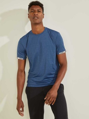 Blue Guess Logo Sleeve Men's T-Shirts | 1394-QZEYJ