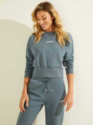 Blue Guess Logo Tape Mock-Neck Women's Sweatshirt | 3475-EZCIL