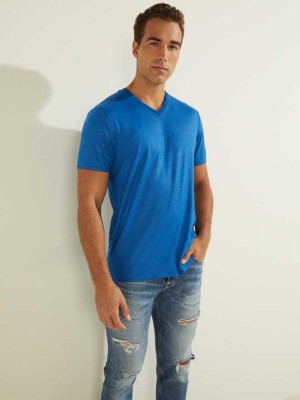 Blue Guess Mason Yoke V-Neck Men's T-Shirts | 3170-PLVGJ