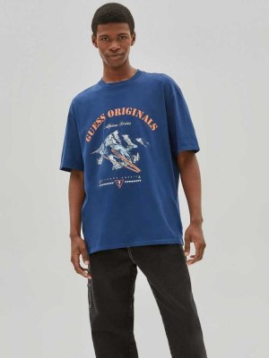 Blue Guess Originals Alpine Men's T-Shirts | 3914-HDMRU