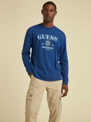 Blue Guess Originals Logo Long Sleeve Men's T-Shirts | 0258-MJQKR
