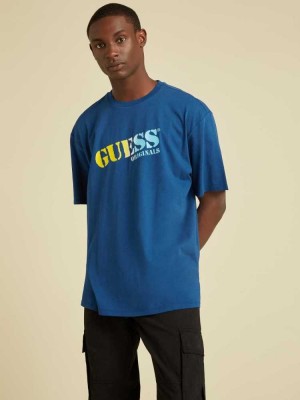 Blue Guess Originals Ombre Logo Men's T-Shirts | 5193-ECHJF