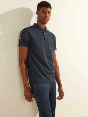 Blue Guess Pique Logo-Taping Men's Polo Shirts | 7498-USVOM