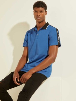 Blue Guess Pique Logo-Taping Men's Polo Shirts | 4503-OWKTE