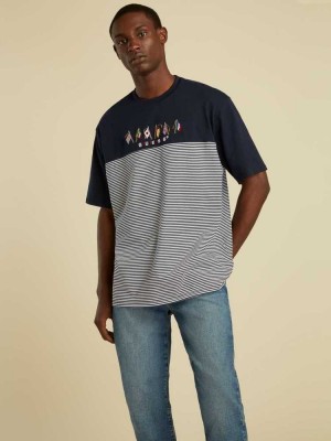 Blue Guess Striped Summer Games Men's T-Shirts | 7580-LPNIY