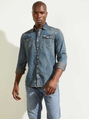 Blue Guess Truckee Denim Western Men's Shirts | 1502-NCWDB