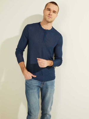 Blue Guess Warehouse Long-Sleeve Henley Men's T-Shirts | 4279-WEQKG