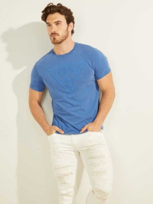 Blue Multicolor Guess Embroidered Logo Men's T-Shirts | 6549-EYNJW